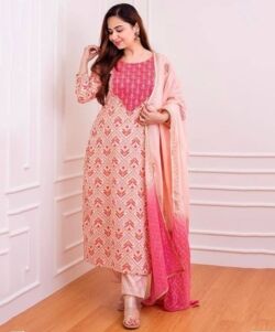 Cotton Ladies Kurti set Pink (Top, Bottom and dupatta)